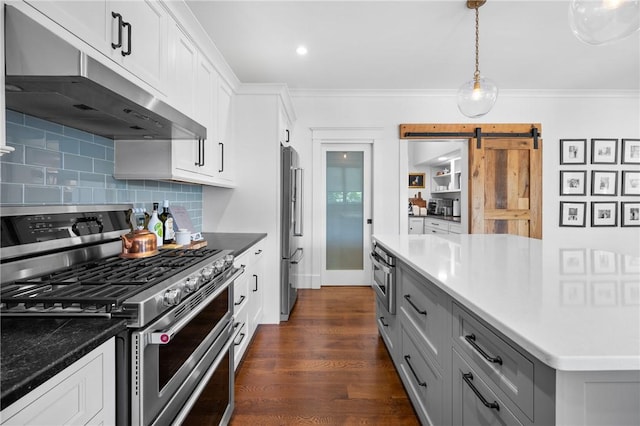 96 Evergreen St, Cumberland, RI 02864 - kitchen with appliances with stainless steel finishes, under cabinet range hood, gray cabinetry, backsplash, and crown molding