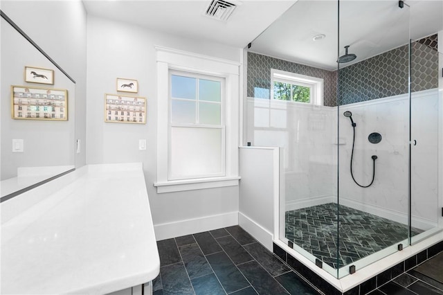 96 Evergreen St, Cumberland, RI 02864 - bathroom featuring a shower stall, marble look tile flooring, and vanity