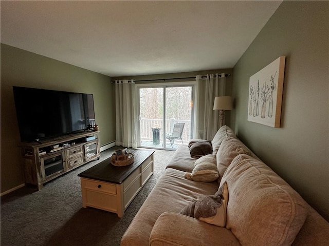 494 Putnam Pike Unit A12, Smithfield, RI 02828 - living room featuring a baseboard radiator and dark carpet