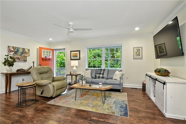 107 Pottersville Rd, Little Compton, RI 02837 - living room with recessed lighting, dark wood-type flooring, ceiling fan, and ornamental molding