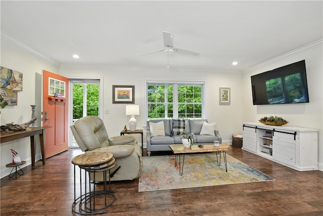 107 Pottersville Rd, Little Compton, RI 02837 - living area featuring ornamental molding, plenty of natural light, recessed lighting, dark wood-style floors, and a ceiling fan