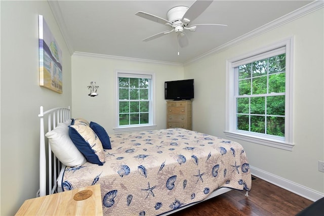 107 Pottersville Rd, Little Compton, RI 02837 - bedroom with multiple windows, dark wood finished floors, ornamental molding, and ceiling fan