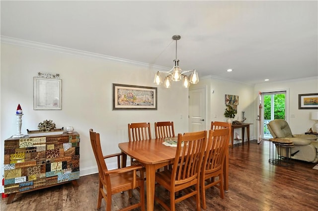 107 Pottersville Rd, Little Compton, RI 02837 - dining room with crown molding, a chandelier, wood finished floors, and recessed lighting