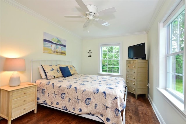 107 Pottersville Rd, Little Compton, RI 02837 - bedroom with dark wood-type flooring, ornamental molding, and ceiling fan