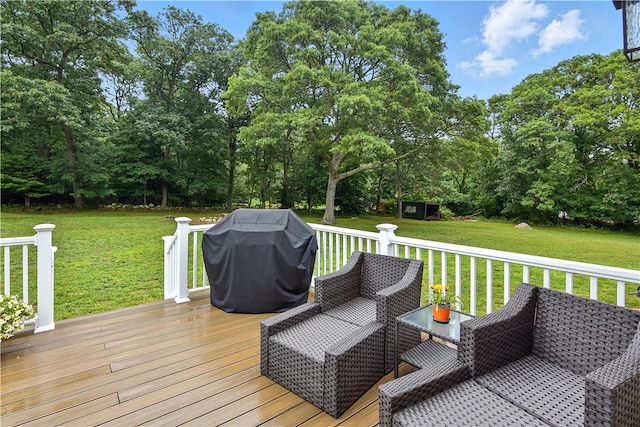 107 Pottersville Rd, Little Compton, RI 02837 - wooden terrace featuring area for grilling, a shed, a yard, and view of scattered trees