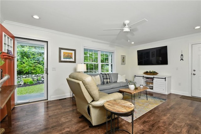 107 Pottersville Rd, Little Compton, RI 02837 - living area featuring ceiling fan, plenty of natural light, ornamental molding, dark wood-style flooring, and recessed lighting