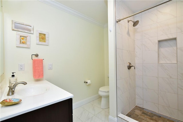 107 Pottersville Rd, Little Compton, RI 02837 - bathroom with ornamental molding, vanity, and tiled shower
