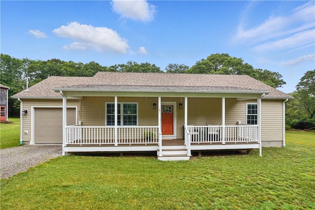 107 Pottersville Rd, Little Compton, RI 02837 - single story home featuring covered porch, a garage, a front yard, driveway, and roof with shingles
