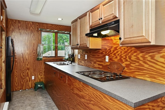 107 Pottersville Rd, Little Compton, RI 02837 - kitchen with under cabinet range hood, black electric stovetop, recessed lighting, and wooden walls