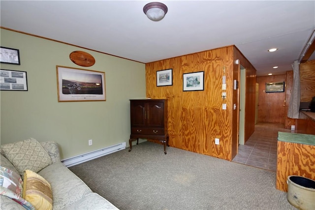 107 Pottersville Rd, Little Compton, RI 02837 - living area featuring baseboard heating, carpet floors, and ornamental molding