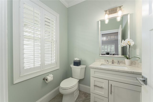 64 Knight View Dr, West Greenwich, RI 02817 - bathroom featuring vanity, ornamental molding, and marble finish flooring