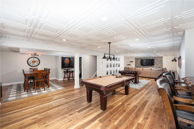 64 Knight View Dr, West Greenwich, RI 02817 - game room with light wood finished floors, decorative columns, an ornate ceiling, billiards, and recessed lighting