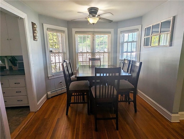 125 Roger Williams, East Providence, RI 02916 - dining area featuring a baseboard radiator, dark wood-style floors, and ceiling fan