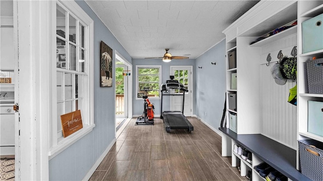 74 Algonquin Rd, East Providence, RI 02916 - mudroom featuring dark wood-style flooring and ceiling fan