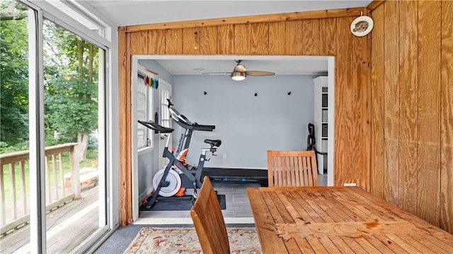 74 Algonquin Rd, East Providence, RI 02916 - workout room featuring wood walls and a ceiling fan