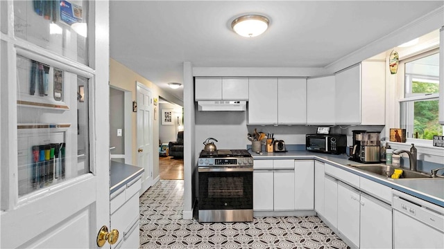 74 Algonquin Rd, East Providence, RI 02916 - kitchen featuring stainless steel gas range oven, white dishwasher, black microwave, under cabinet range hood, and white cabinetry