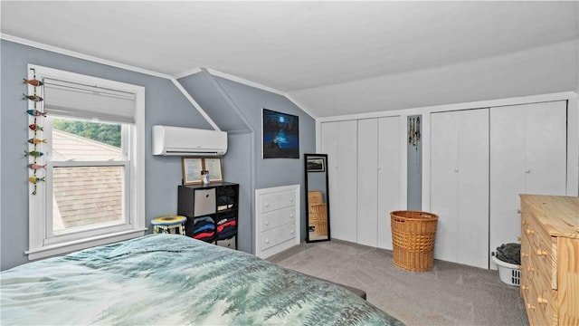 74 Algonquin Rd, East Providence, RI 02916 - bedroom with an AC wall unit, carpet, two closets, and lofted ceiling