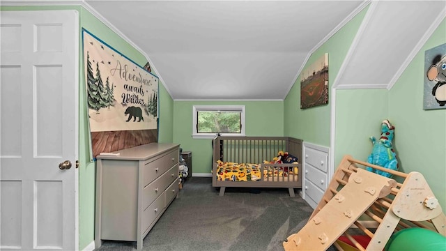 74 Algonquin Rd, East Providence, RI 02916 - carpeted bedroom with crown molding, vaulted ceiling, and a crib