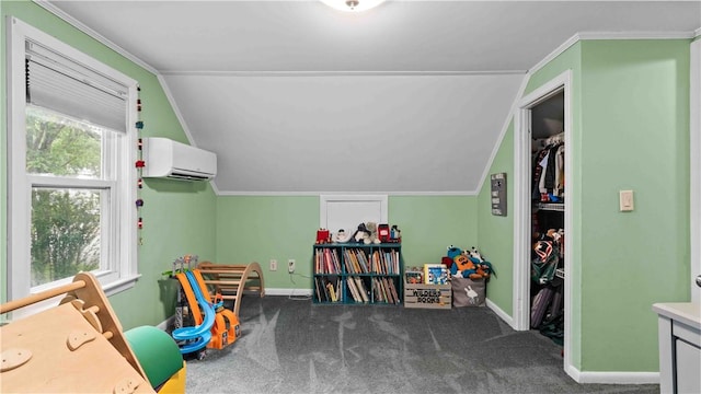 74 Algonquin Rd, East Providence, RI 02916 - game room with an AC wall unit, lofted ceiling, carpet flooring, and crown molding