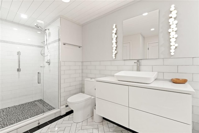 33 Arbor Dr Unit 27, Providence, RI 02908 - full bathroom featuring tile walls, vanity, a shower stall, and recessed lighting
