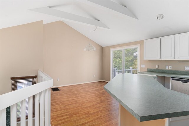 151 Mohawk Trl, Cranston, RI 02921 - kitchen featuring white cabinetry, light wood-style flooring, hanging light fixtures, dark countertops, and dishwasher