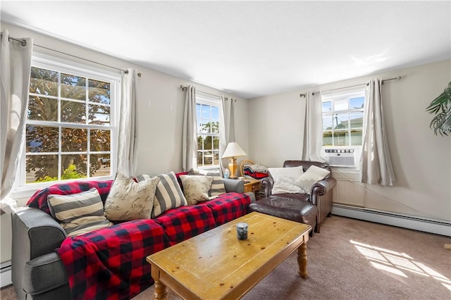40 Agnes St, East Providence, RI 02914 - living room with a baseboard heating unit, cooling unit, carpet floors, and a baseboard radiator