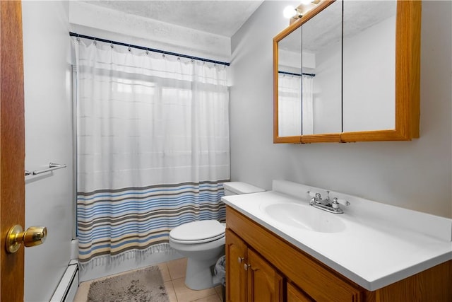 40 Agnes St, East Providence, RI 02914 - bathroom with baseboard heating, vanity, tile patterned floors, and a shower with shower curtain