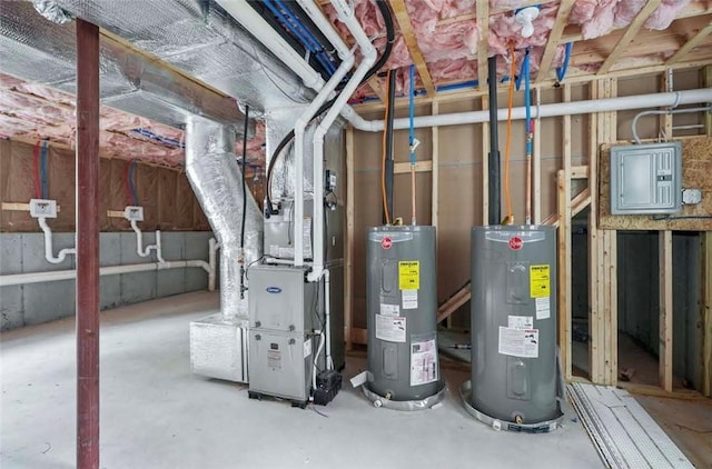 129 Stanwood St, Providence, RI 02907 - unfinished basement featuring water heater, electric panel, and heating unit
