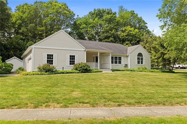 240 Mulberry Dr, South Kingstown, RI 02879 - view of front of home with covered porch, a front yard, and an attached garage