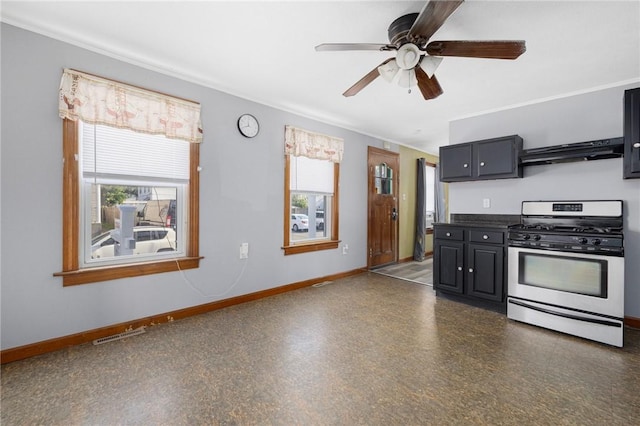 40 W Cole St, Pawtucket, RI 02861 - kitchen with stainless steel gas range, extractor fan, healthy amount of natural light, a ceiling fan, and ornamental molding
