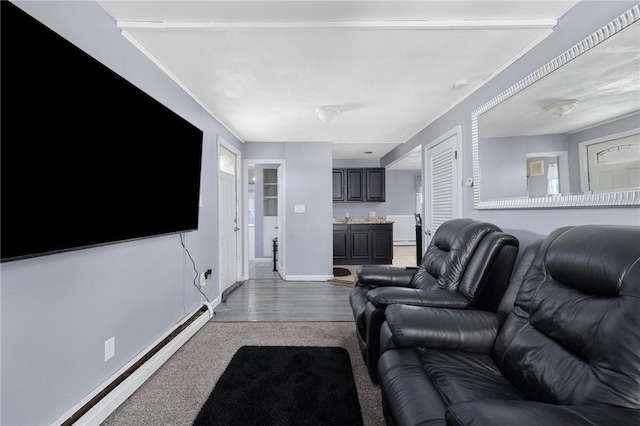 40 W Cole St, Pawtucket, RI 02861 - carpeted living area with a baseboard radiator and wood finished floors