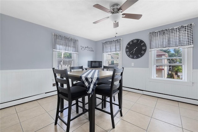 40 W Cole St, Pawtucket, RI 02861 - dining space with wainscoting, a baseboard radiator, healthy amount of natural light, light tile patterned floors, and ceiling fan