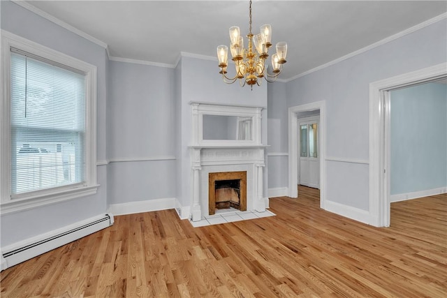 199 Linwood Ave, Providence, RI 02907 - unfurnished living room with a baseboard radiator, a chandelier, light wood-style flooring, a fireplace with flush hearth, and crown molding