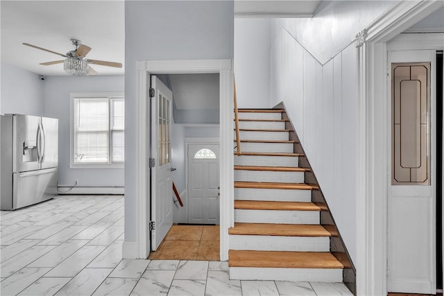 199 Linwood Ave, Providence, RI 02907 - stairs with marble finish flooring, ceiling fan, and baseboard heating