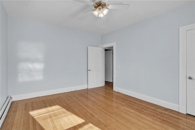 199 Linwood Ave, Providence, RI 02907 - unfurnished bedroom featuring a baseboard heating unit, light wood-style flooring, and a ceiling fan