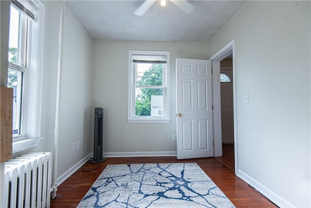 9 Locust St, Providence, RI 02906 - bedroom with radiator, dark wood finished floors, and a ceiling fan