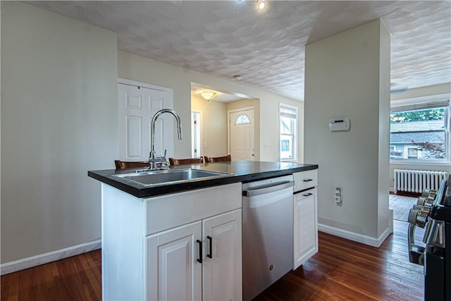 9 Locust St, Providence, RI 02906 - kitchen with dishwasher, radiator heating unit, dark countertops, dark wood-style flooring, and healthy amount of natural light