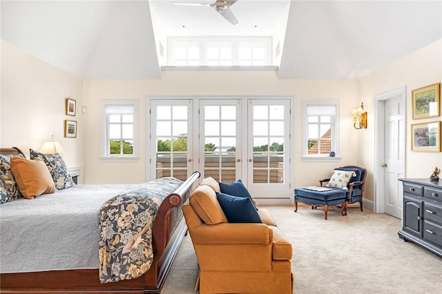 15 Courageous Cir, Bristol, RI 02809 - carpeted bedroom featuring access to exterior, french doors, high vaulted ceiling, and a ceiling fan