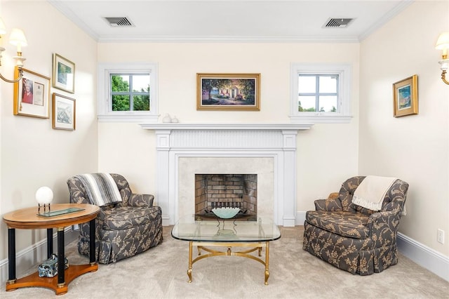 15 Courageous Cir, Bristol, RI 02809 - living area featuring a fireplace, carpet floors, crown molding, and plenty of natural light