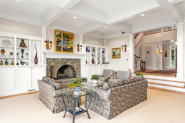 15 Courageous Cir, Bristol, RI 02809 - living area with coffered ceiling, beamed ceiling, decorative columns, ornamental molding, and a fireplace