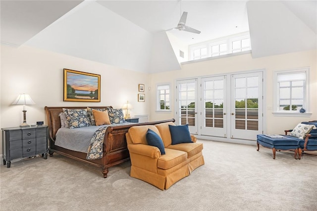 15 Courageous Cir, Bristol, RI 02809 - carpeted bedroom featuring access to outside, french doors, high vaulted ceiling, and a ceiling fan