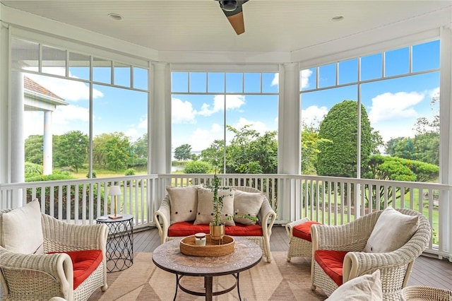 15 Courageous Cir, Bristol, RI 02809 - sunroom / solarium with ceiling fan, wood-type flooring, and outdoor lounge area