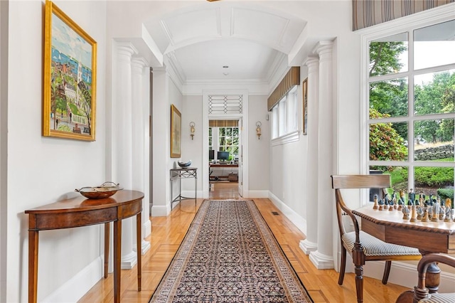 15 Courageous Cir, Bristol, RI 02809 - corridor featuring ornate columns, light wood-style flooring, and ornamental molding
