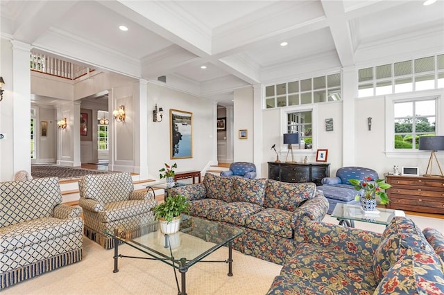 15 Courageous Cir, Bristol, RI 02809 - living area featuring coffered ceiling, beamed ceiling, ornamental molding, recessed lighting, and decorative columns