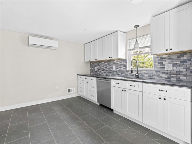 10 Palmer St, Smithfield, RI 02828 - kitchen featuring dishwasher, a wall mounted AC, tasteful backsplash, white cabinets, and dark tile patterned flooring