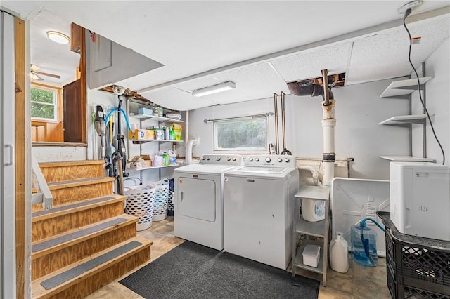 62 Pembroke Ln, Coventry, RI 02816 - laundry area featuring washing machine and dryer, healthy amount of natural light, and a ceiling fan