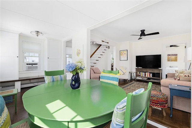 7 Pleasant Vw, Jamestown, RI 02835 - dining space with stairs, wood finished floors, a ceiling fan, and cooling unit