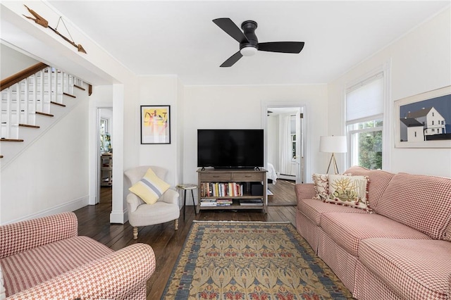 7 Pleasant Vw, Jamestown, RI 02835 - living room with wood-type flooring, stairway, and a ceiling fan