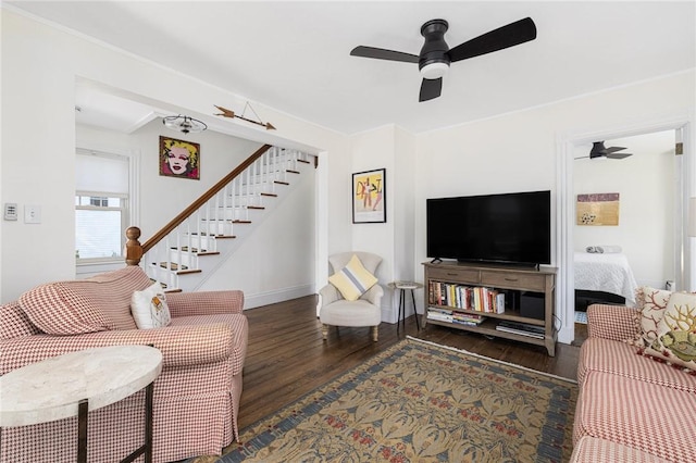 7 Pleasant Vw, Jamestown, RI 02835 - living area featuring wood finished floors, a ceiling fan, and stairs