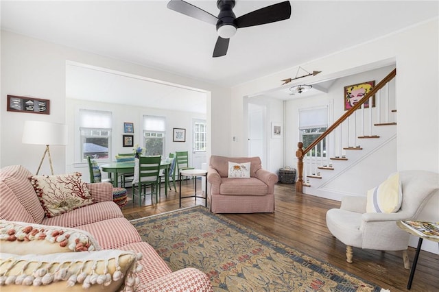7 Pleasant Vw, Jamestown, RI 02835 - living room with stairs, a ceiling fan, and wood finished floors
